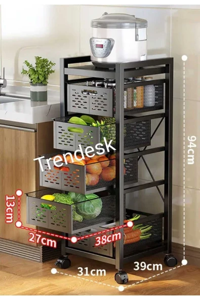 TRENDESK 5 Katlı Metal Siyah Çok Amaçlı Patates Soğan Sebze Meyve Sepeti Sebzelik Tekerlekli