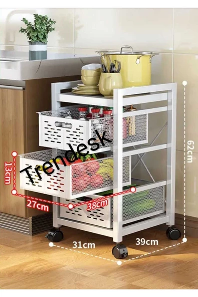 TRENDESK 3 Katlı Metal Siyah Çok Amaçlı Patates Soğan Sebze Meyve Sepeti Sebzelik Tekerlekli - 2