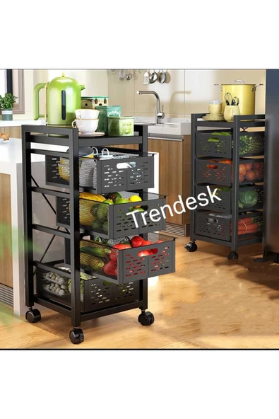 TRENDESK 4  Katlı Metal Siyah Çok Amaçlı Patates Soğan Sebze Meyve Sepeti Sebzelik Tekerlekli - 2