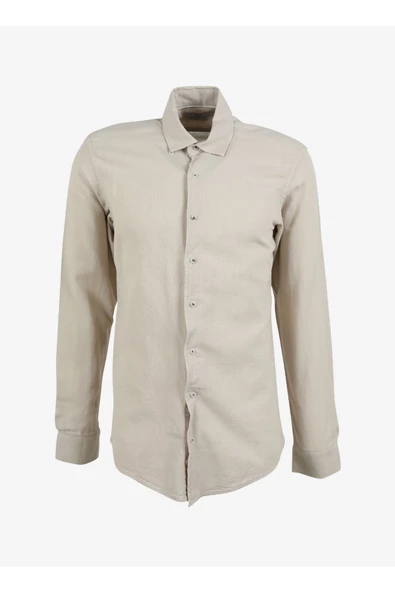 Slim Fit Düğmeli Yaka Düz Bej Erkek Gömlek Gm1008400239