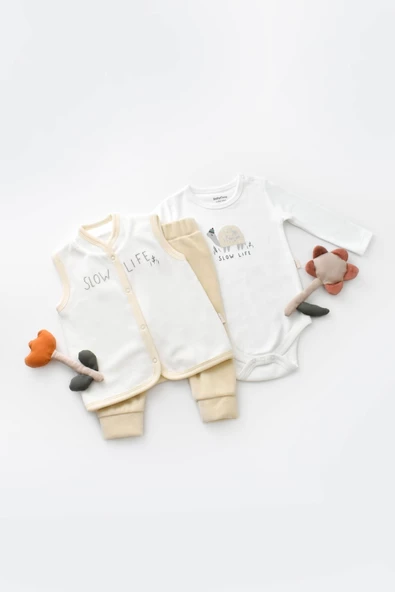 Bebek 3 Parça Kaplumbağa Kadife Yelek Takım, %80 Organik Pamuk & %20 Polyester, Bebek ve Yenidoğan Serisi - CSYK6023 - 2