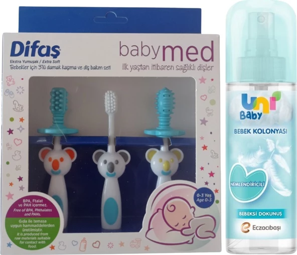Uni Baby Bebek Kolonyası Bebeksi Dokunuş 150 ml + Difaş Bebekler Için 3'lü Damak Kaşıma Seti Mavi ürün görseli