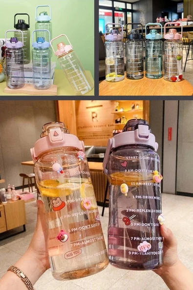 3lü Motivasyonel Su Matarası Kokusuz Figürlü Suluk Sporcu Matara Pipetli Soft Black Su Şişesi Seti - 3