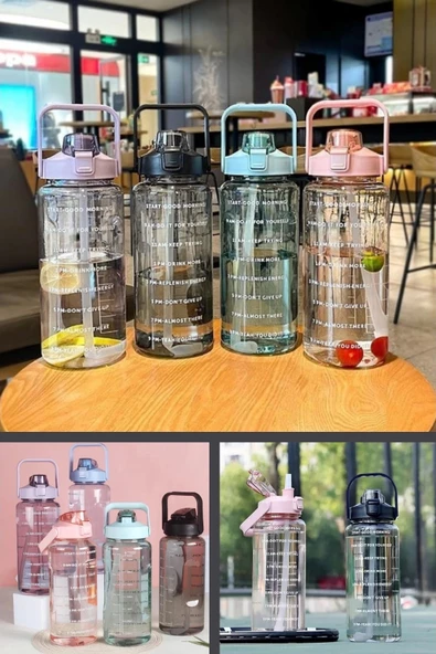 3lü Motivasyonel Su Matarası Kokusuz Figürlü Suluk Sporcu Matara Pipetli Soft Black Su Şişesi Seti - 4