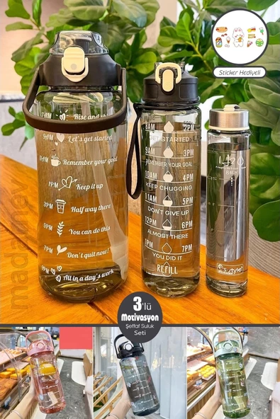 3lü Motivasyonel Su Matarası Kokusuz Figürlü Suluk Sporcu Matara Pipetli Soft Black Su Şişesi Seti - 2