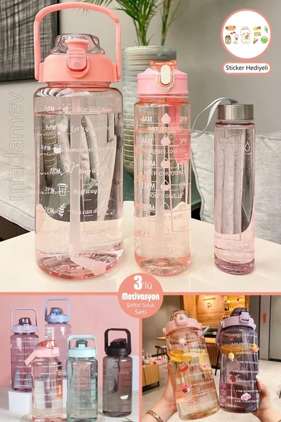 3'lü Şeffaf Motivasyonel Su Matarası Sporcu Su Şişesi Stickerlı Soft Pink Taşınabilir Suluk Seti - 2