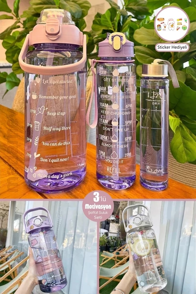 3lü Şeffaf Motivasyon Kokusuz Stickerlı Spor Suluk Matara Pipetli Taşınabilir Su Şişesi Soft Purple - 2