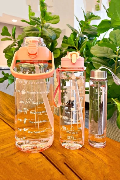 3'lü Motivasyon Kokusuz Stickerlı Spor Suluk Matara Pipetli Taşınabilir Soft Orange Su Şişesi Seti - 2
