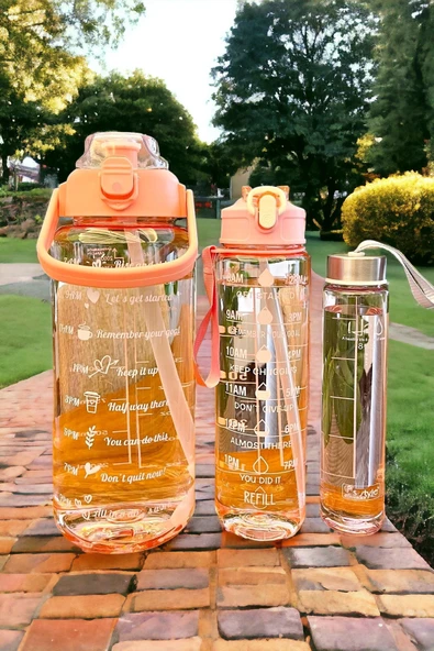 3'lü Motivasyon Kokusuz Stickerlı Spor Suluk Matara Pipetli Taşınabilir Soft Orange Su Şişesi Seti - 4
