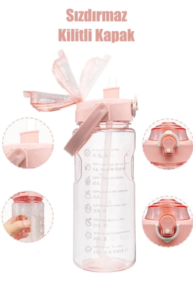3'lü Şeffaf Motivasyonel Su Matarası Sporcu Su Şişesi Stickerlı Soft Pink Taşınabilir Suluk Seti - 3