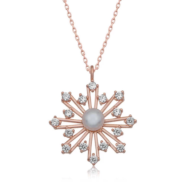 925 Ayar Gümüş Rose İncili Kar Tanesi Kadın Gümüş Kolye - Resim 2