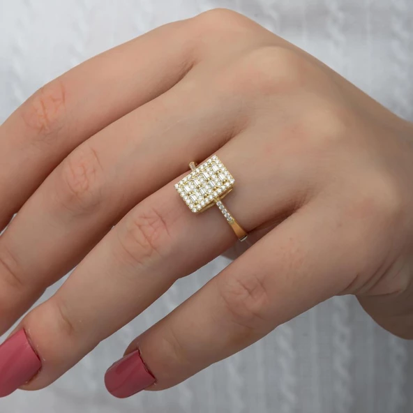 Dik Dikdörtgen Zirkon Taşlı Zincir Motifli Gümüş Tektaş Yüzük - Resim 3