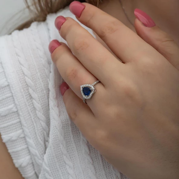 Kalpli Parlmanet Mavisi Taşlı Gümüş Tektaş Yüzük - 7