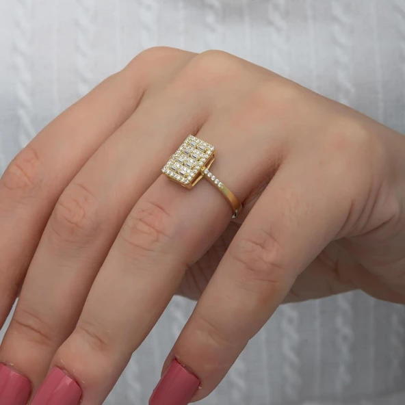 Dik Dikdörtgen Zirkon Taşlı Zincir Motifli Gümüş Tektaş Yüzük - Resim 6