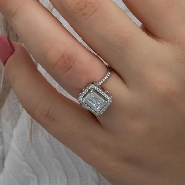 Zirkon Baget Taşlı Gümüş Tektaş Yüzük - Resim 7