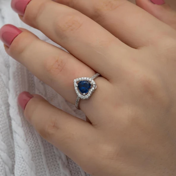 Kalpli Parlmanet Mavisi Taşlı Gümüş Tektaş Yüzük - 6