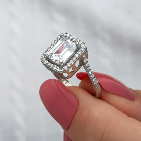 Zirkon Baget Taşlı Gümüş Tektaş Yüzük - Resim 4