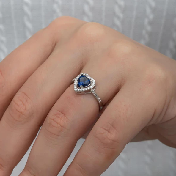 Kalpli Parlmanet Mavisi Taşlı Gümüş Tektaş Yüzük - 2