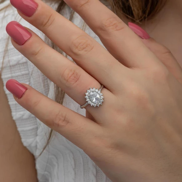 Oval Çiçek Desenli Gümüş Tektaş Yüzük - Resim 7