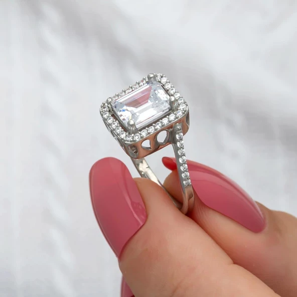 Zirkon Baget Taşlı Gümüş Tektaş Yüzük - Resim 5