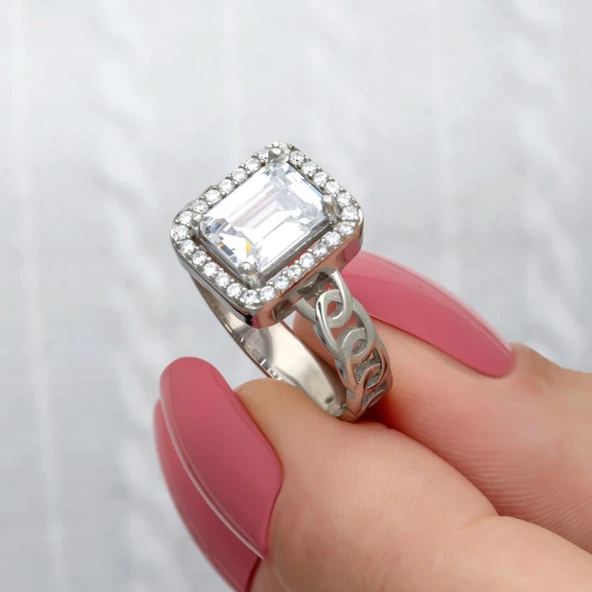 Baget Zirkon Taşlı Zincir Motifli Gümüş Tektaş Yüzük - Resim 4