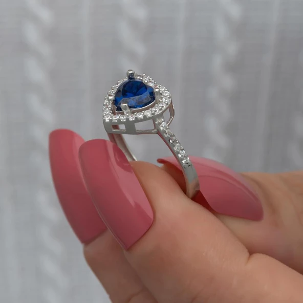 Kalpli Parlmanet Mavisi Taşlı Gümüş Tektaş Yüzük - 5