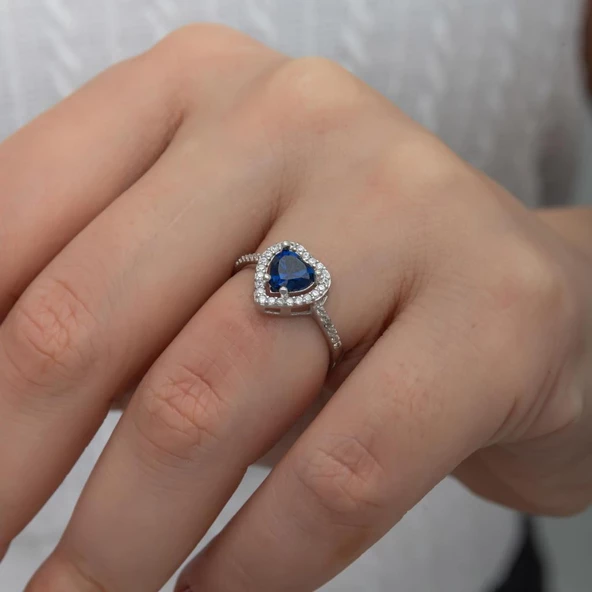 Kalpli Parlmanet Mavisi Taşlı Gümüş Tektaş Yüzük - 4