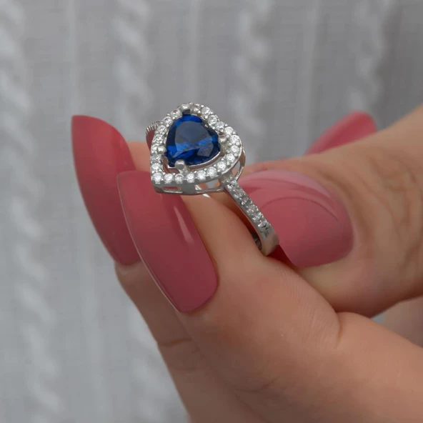 Kalpli Parlmanet Mavisi Taşlı Gümüş Tektaş Yüzük - 3