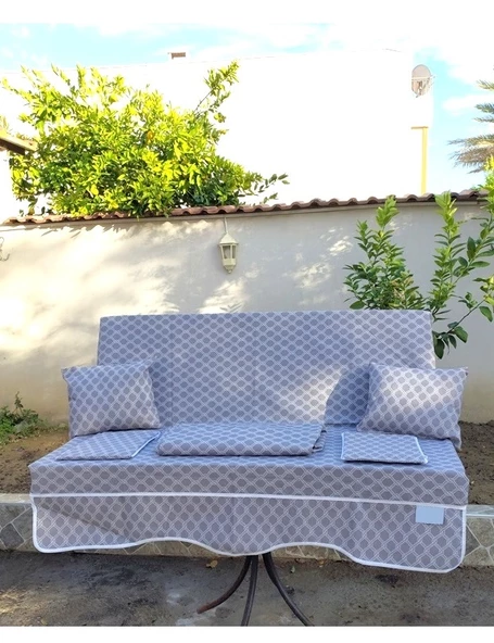 Mandaş Süngerli 2 Kişilik Salıncak Minder Seti (Pamuklu Kumaş)-Denizci Gri - Resim 3