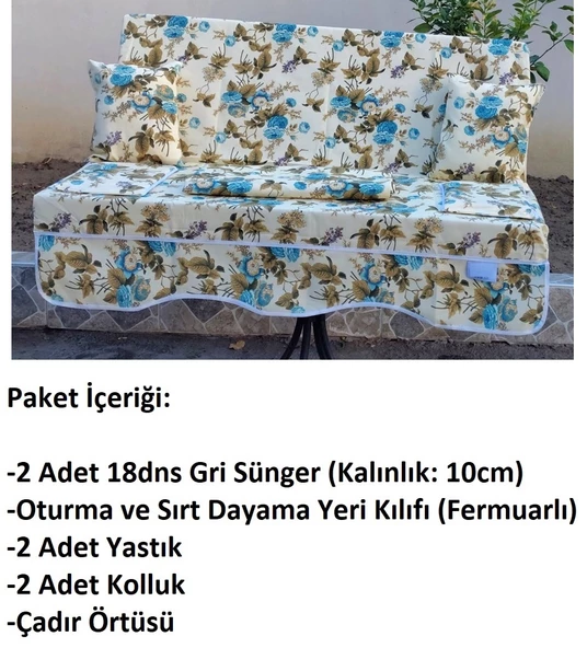 Mandaş Süngerli 2 Kişilik Salıncak Minder Seti (Pamuklu Kumaş)-İngiliz Gülü Mavi - 3