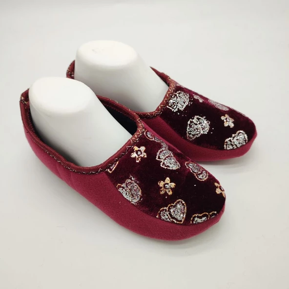 Kalp İşlemeli Kadın Patik Bordo Renk - 11