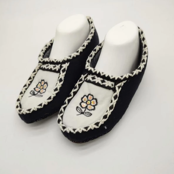 Çift Renk Örme Dikişli Çiçek Desenli Kadın Patik Siyah renk - 10