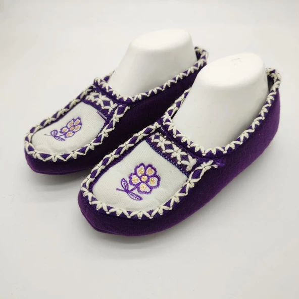 Çift Renk Örme Dikişli Çiçek Desenli Kadın Patik Mor renk - 10