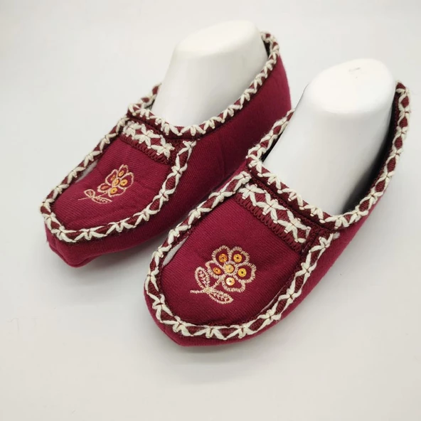 Örme Dikişli Çiçek Desenli Kadın Patik Bordo renk - 6