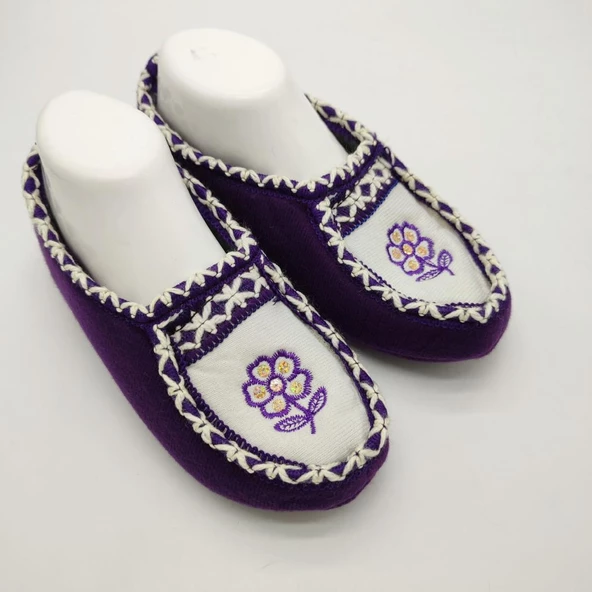 Çift Renk Örme Dikişli Çiçek Desenli Kadın Patik Mor renk - 5