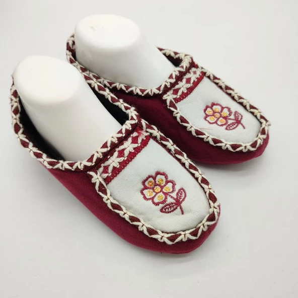 Çift Renk Örme Dikişli Çiçek Desenli Kadın Patik Bordo renk - 9