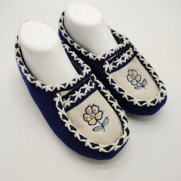 Çift Renk Örme Dikişli Çiçek Desenli Kadın Patik Mavi renk - 9