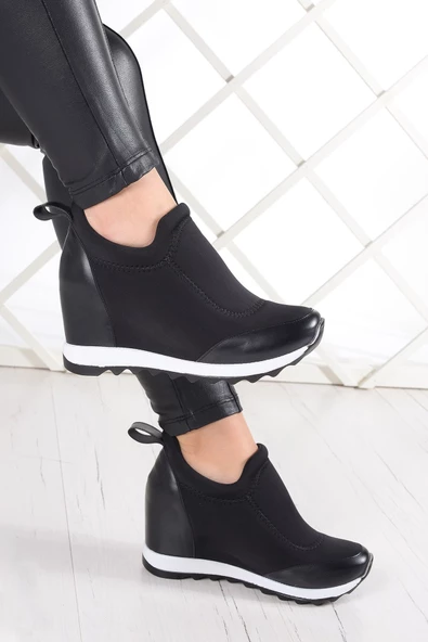 Erkan Saçmacı Anastasia Siyah Vegan Ön Yüz Streç Gizli Dolgu Spor Ayakkabı