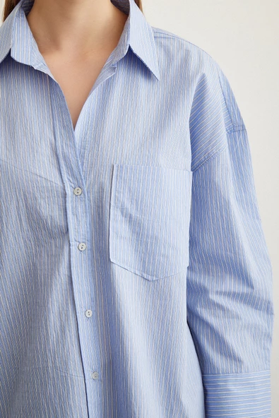 Çizgili Oversize Gömlek Mavi - Resim 3