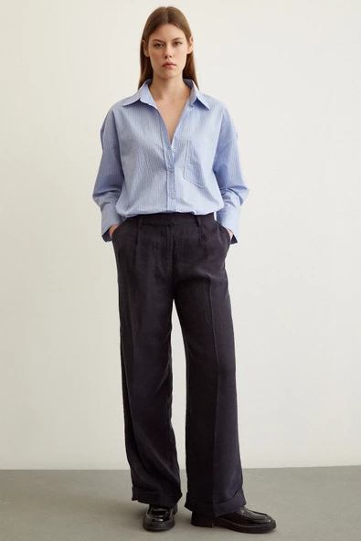 Çizgili Oversize Gömlek Mavi - Resim 5