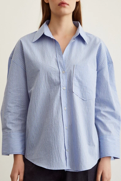 Çizgili Oversize Gömlek Mavi - Resim 2