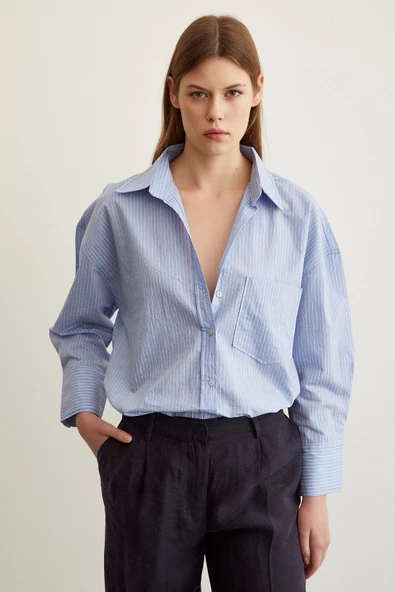 Çizgili Oversize Gömlek Mavi ürün görseli