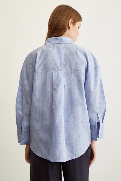 Çizgili Oversize Gömlek Mavi - Resim 4