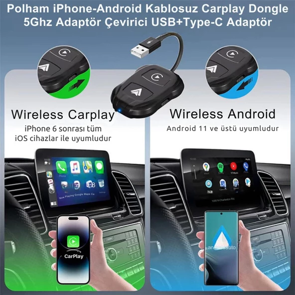 Polham Apple İphone ve Android İle Uyumlu Kablosuz Carplay Adaptör Çeviricisi, Ultra Hızlı Carplay Çevirici - 3