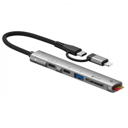 Polham 5İN1 1x Lightning ve 1xType-C Çevirici Adaptör,2x Type C 1x USB,1x SD Tf Kart Çevirici Çoğaltıcı HUB