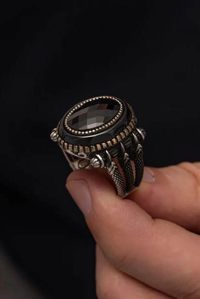 Pençe Motif Siyah Taşlı Taşlı 925 Gümüş Erkek Yüzük - Resim 7