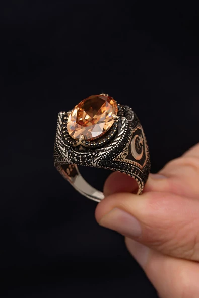 Sitrin Taşlı Ayyıldız Desenli 925 Gümüş Erkek Yüzük - Resim 7