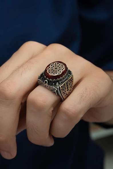 Kırmızı Taşlı Desenli 925 Gümüş Erkek Yüzük - Resim 5