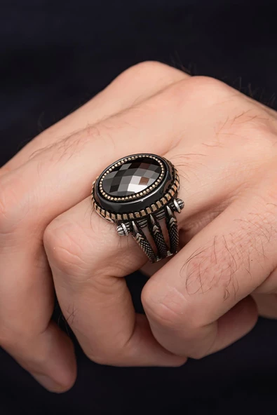 Pençe Motif Siyah Taşlı Taşlı 925 Gümüş Erkek Yüzük ürün görseli