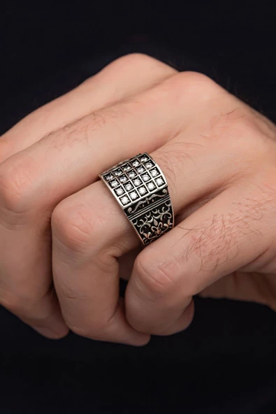 Zirkon Beyaz Sıra Taşlı 925 Gümüş Erkek Yüzük - Resim 3